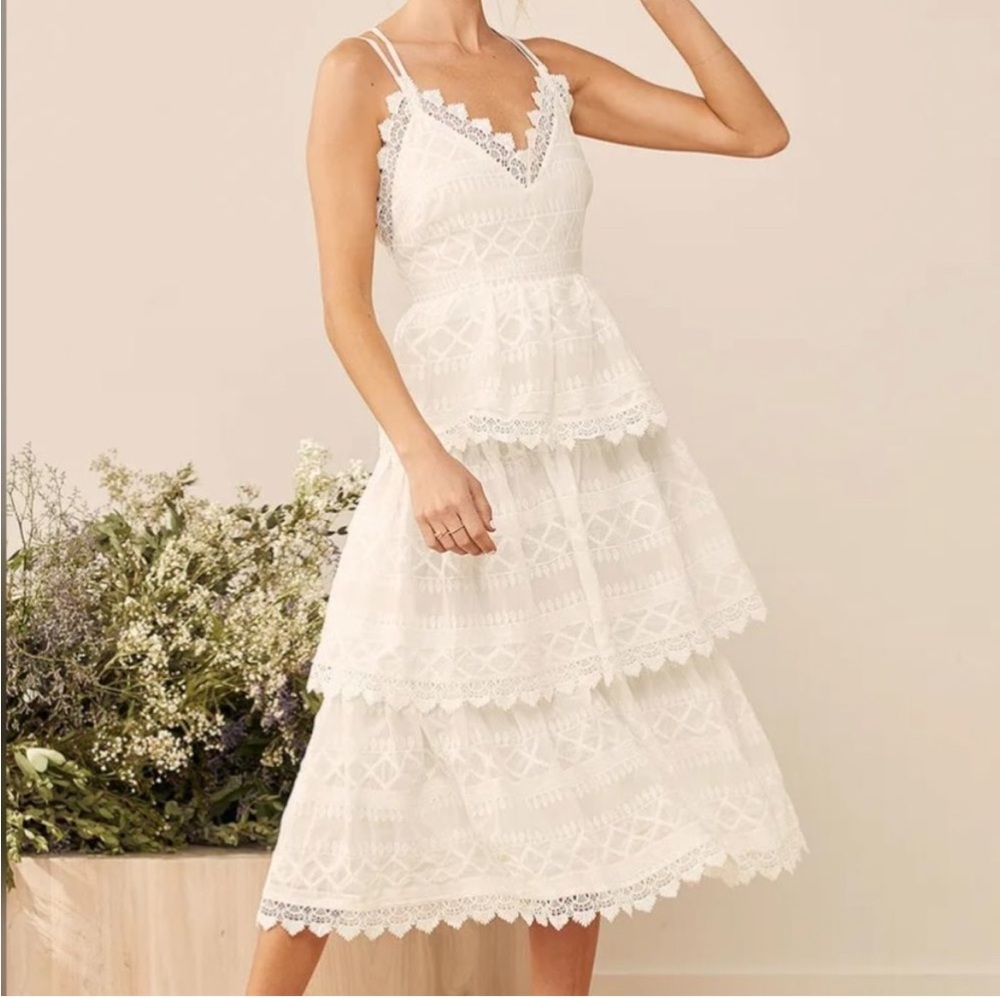 Lulus All Is Love White Embroidered Tiered Midi Dress Summer Preppy Medium